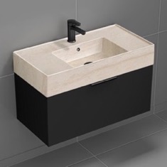 Floating Black Bathroom Vanity, Modern, 32 inch, Travertine Style Sink